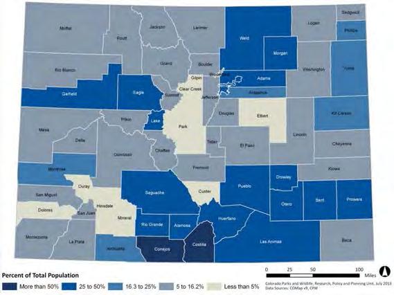 771,000) of the state s Hispanics live along the Front Range, 18 counties with the largest proportion of Hispanic residents are located in the southern, southeastern, northern Front Range, and
