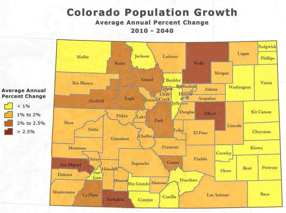 2020 is projected to be concentrated along the Front Range, which includes the I-25 corridor from Fort Collins to Pueblo, where many of the state s most populous counties also have high population