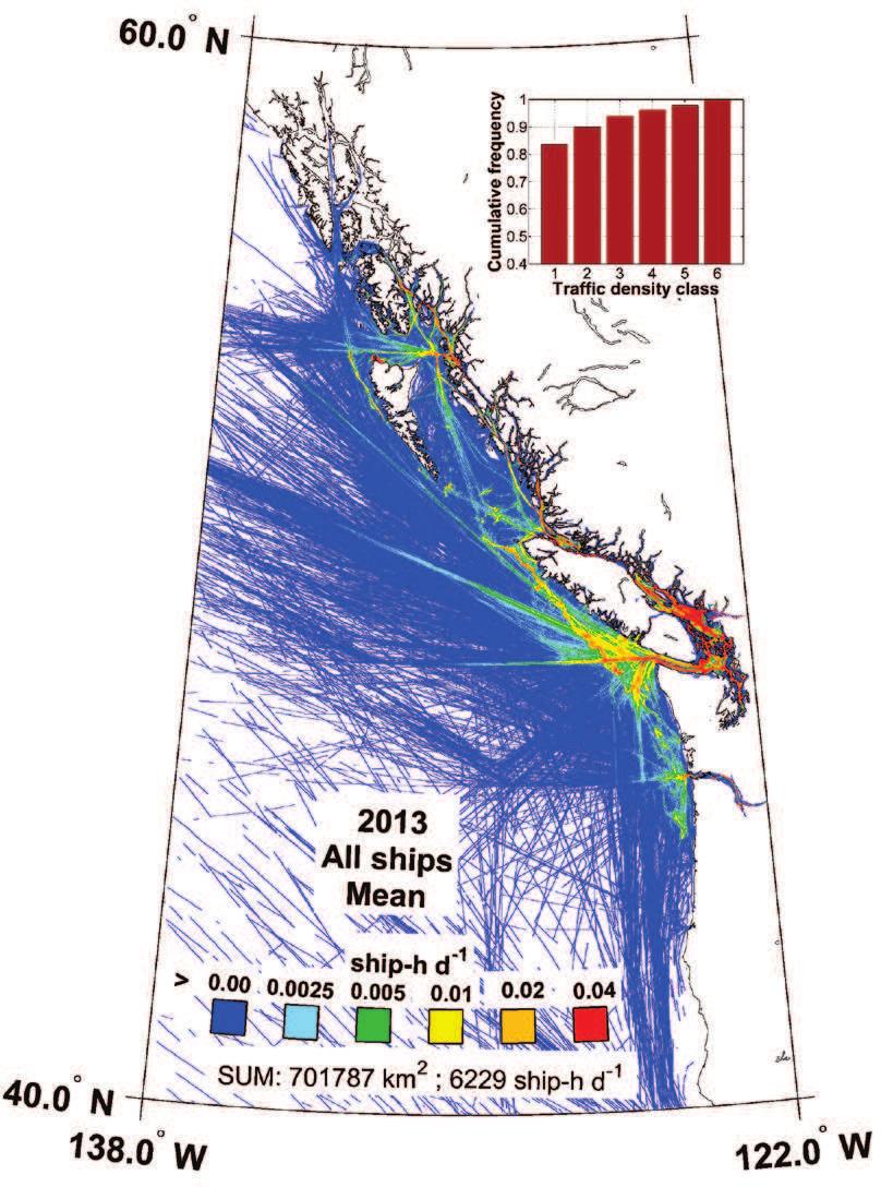 AIS Vessel Traffic Density Off the West Coast of Canada for 2013 Traffic density in time and space is visualized in five distinct categories, with dark blue symbolizing zero to very low density, and