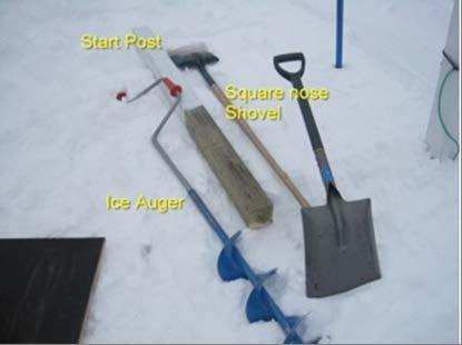 Start building tools Basic start building tools include: Tape measure Battery powered drill to break the compacted snow and ice at the start post locations and to honeycomb the start area Ice auger