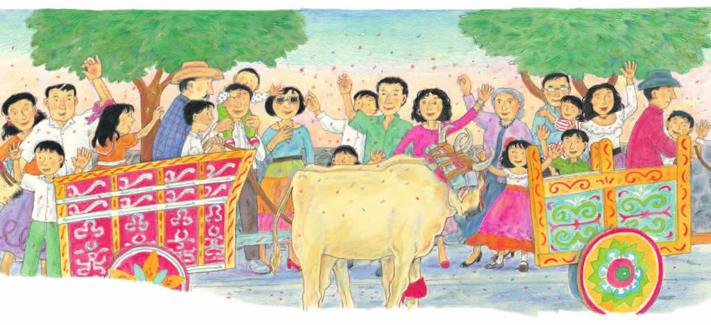 The brightly colored oxcarts rumbled down the street. The bells on the oxen s horns rang out as the oxen walked slowly along in the parade. Crowds of people lined the way to the church.