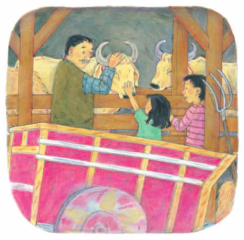 Then we will go to the barn. After dinner, the children raced to the barn. The oxcart was standing in the middle.