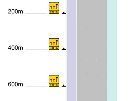 B4 TSM Chapter 8 relaxation scheme plan for approach and lane change zones, for a two lane closure on a dual carriageway road for which the national speed limit applies, where the central reserve