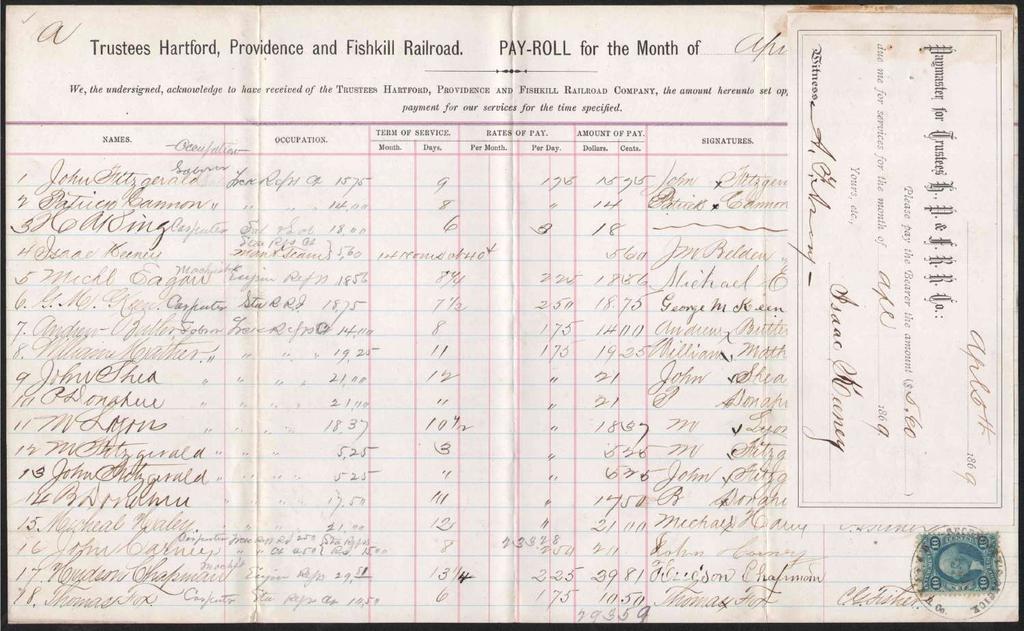 Hartford, Providence and Fishkill 1869 large payroll receipt, Hartford, Providence and Fishkill R.R. Co., stamped with 10 Power of Attorney tied by SECRETARY S OFFICE H. P. & F. R. R. Co. large d.
