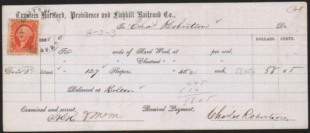 1868 printed wood receipt, Hartford, Providence and Fishkill R.R. Co.