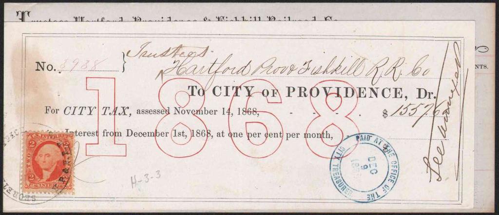 1868 City Tax receipt, City of Providence ($1557.60 for year 1868), to Hartford, Providence and Fishkill R.R. Co.