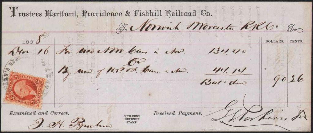 1868 printed receipt, Hartford, Providence and Fishkill R.R. Co.