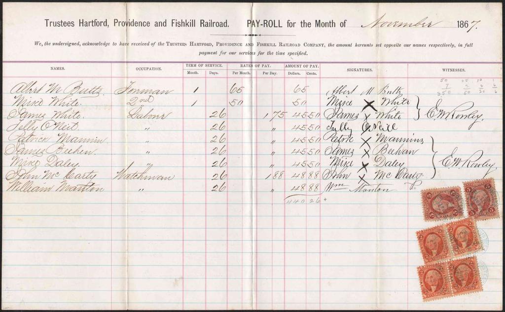 1867 large payroll receipt, Hartford, Providence and Fishkill R.R. Co.