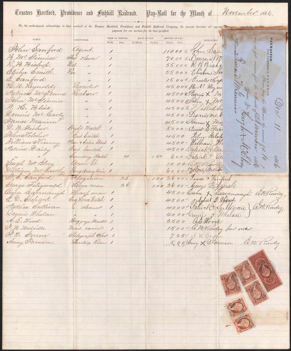 16 1867 large payroll receipt, Hartford, Providence and Fishkill R.R. Co.