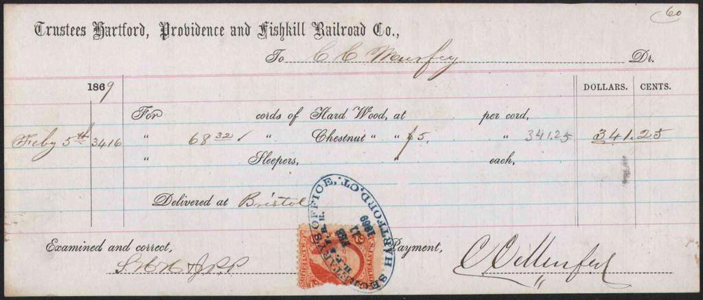 1869 wood receipt, Hartford, Providence and Fishkill R.R. Co.