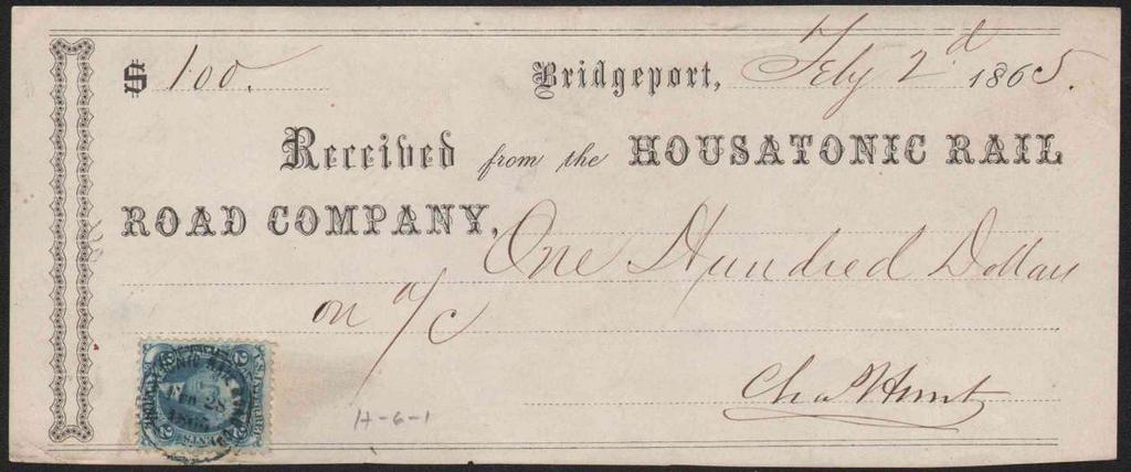 Housatonic 1865 receipt, Housatonic R.R. Co., stamped with 2 Express blue tied by HOUSATONIC R.R. CO.