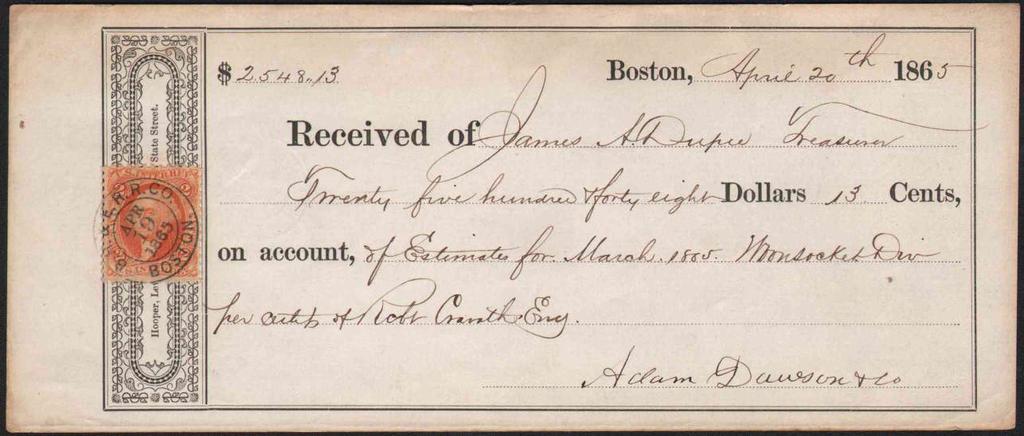 Boston, Hartford and Erie 1865 receipt to Treasurer (of Boston, Hartford and Erie R.R. Co.
