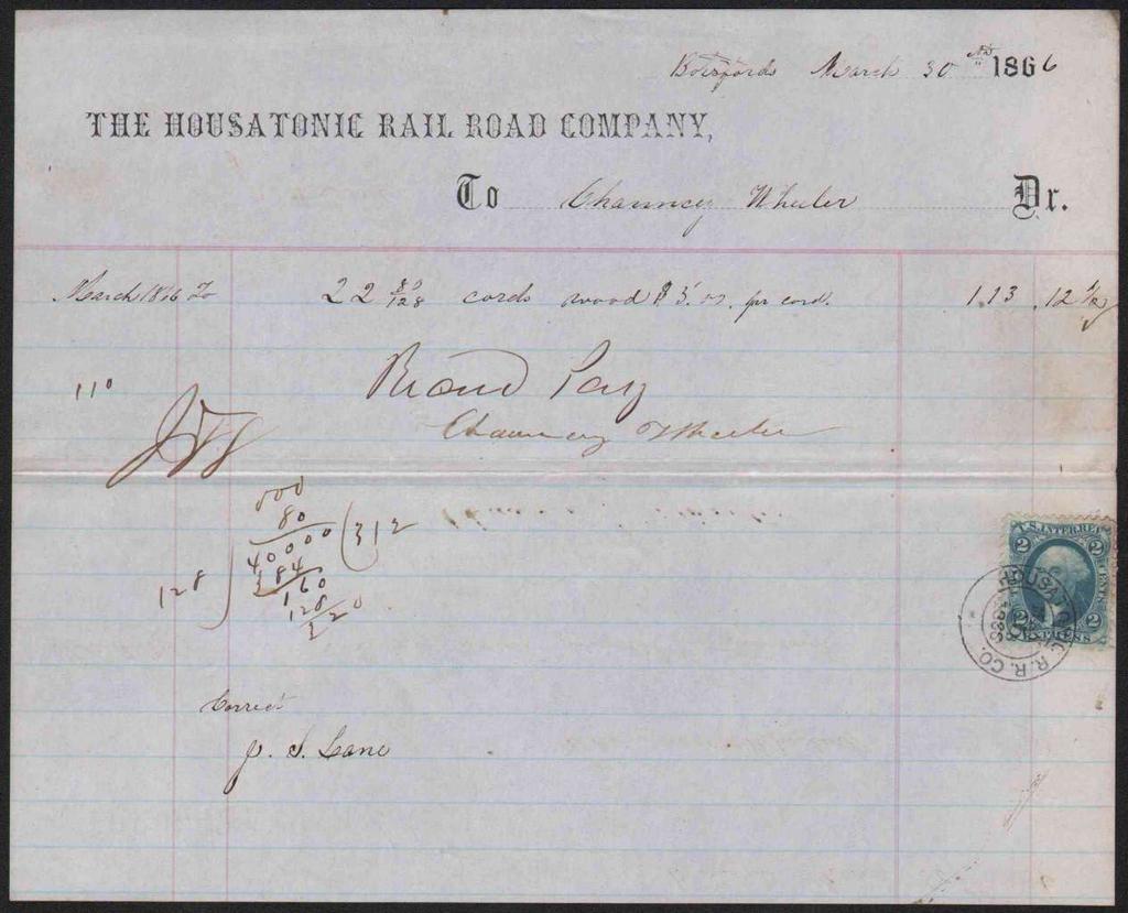 1866 receipt of Housatonic R.R. Co.
