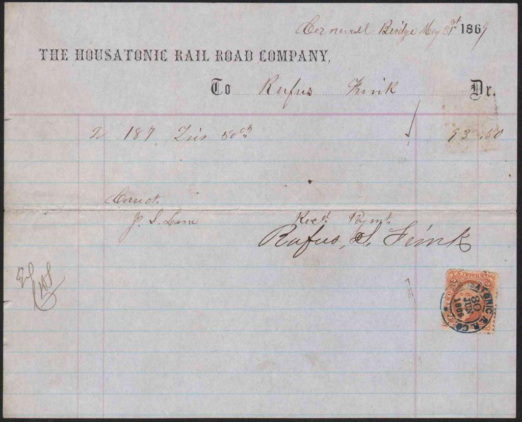 1867 receipt of Housatonic R.R. Co.