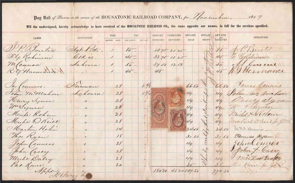 1867 large payroll receipt, Housatonic R.R. Co.