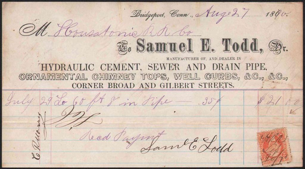 1870 billhead/receipt, Bridgeport, Ct., to Housatonic R.R. Co.