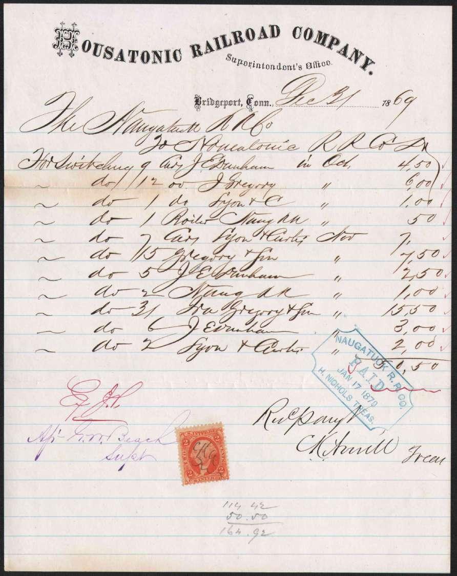 24 1869 letterhead/receipt, Housatonic R.R. Co. Superintendent s Office, to Naugatuck R. R. Co., for switching cars, stamped with 2 USIR cancelled by ms.