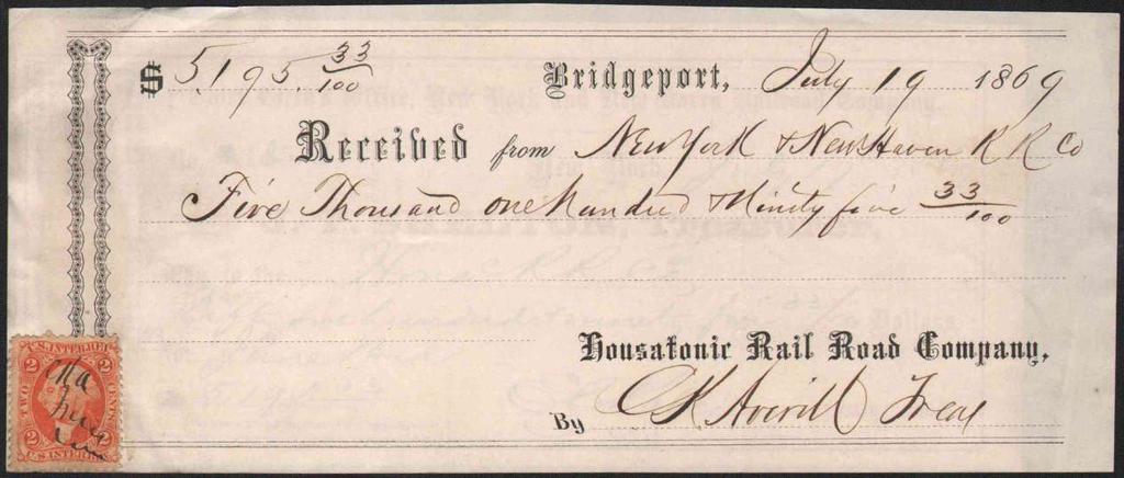 1869 receipt, Housatonic R.R. Co. to New York & New Haven R. R. Co., amount $5195, stamped with 2 USIR cancelled by ms.