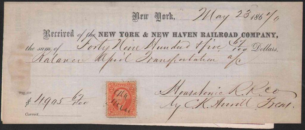 1870 receipt of New York & New Haven R. R. Co., from Housatonic R.R. Co., amount $4905, stamped with 2 USIR cancelled by ms.