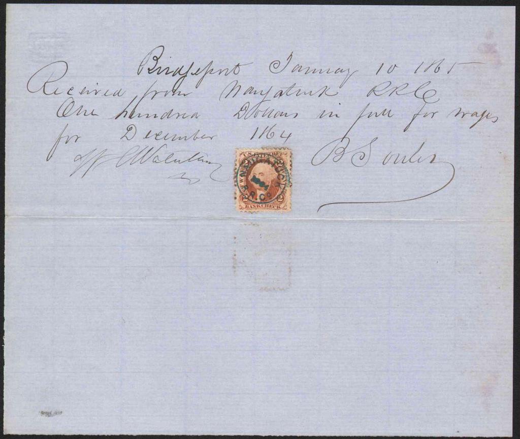 Naugatuck 1865 (Jan) ms. receipt for wages, Naugatuck R.R. Co., stamped with 2 Bank Check orange cancelled by NAUGATUCK R.R. Co. 1864 small d.