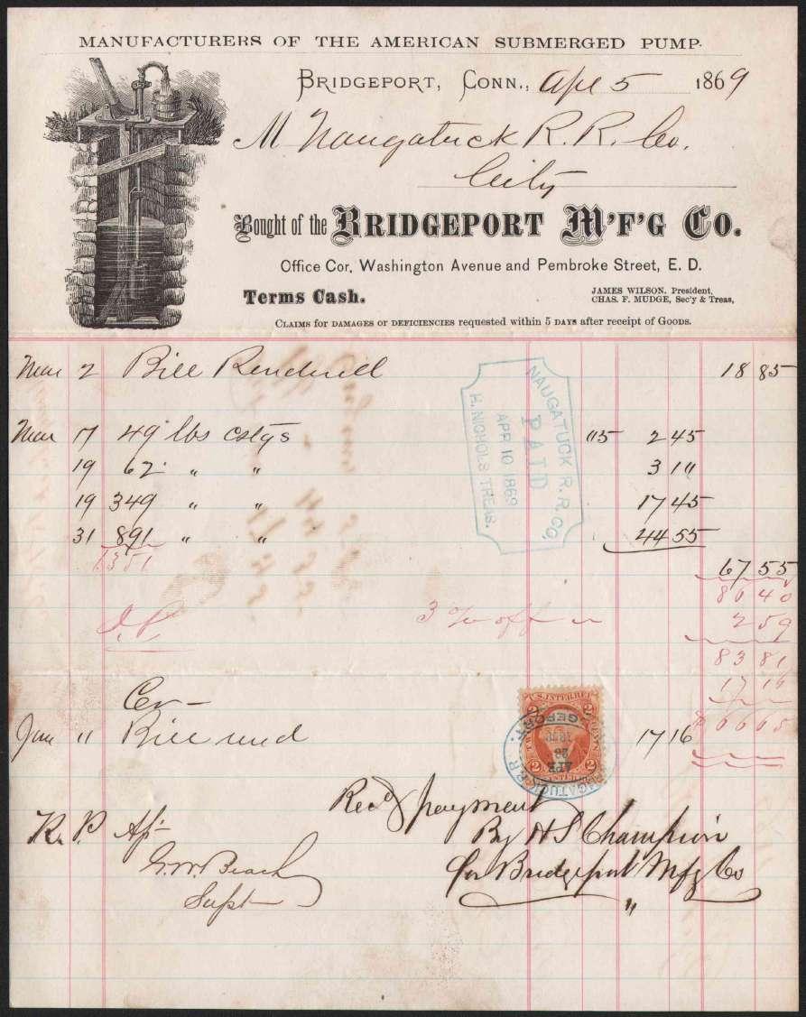 28 1869 billhead/receipt, Bridgeport M fg. Co., with large vignette of American Submerged Pump, to Naugatuck R.R. Co., stamped with 2 USIR tied by NAUGATUCK R.