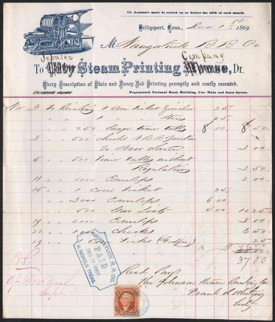 29 1869 billhead/receipt, Johnson Steam Printing Co., in blue with large vignette of printing press, to Naugatuck R.R. Co. for various printing jobs incl.