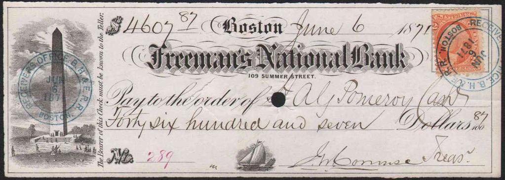 1866 check-sized receipt to Treasurer BH&E [Boston, Hartford and Erie R.R. Co.], stamped with 2 USIR tied by B. H. & E. R. R. CO.
