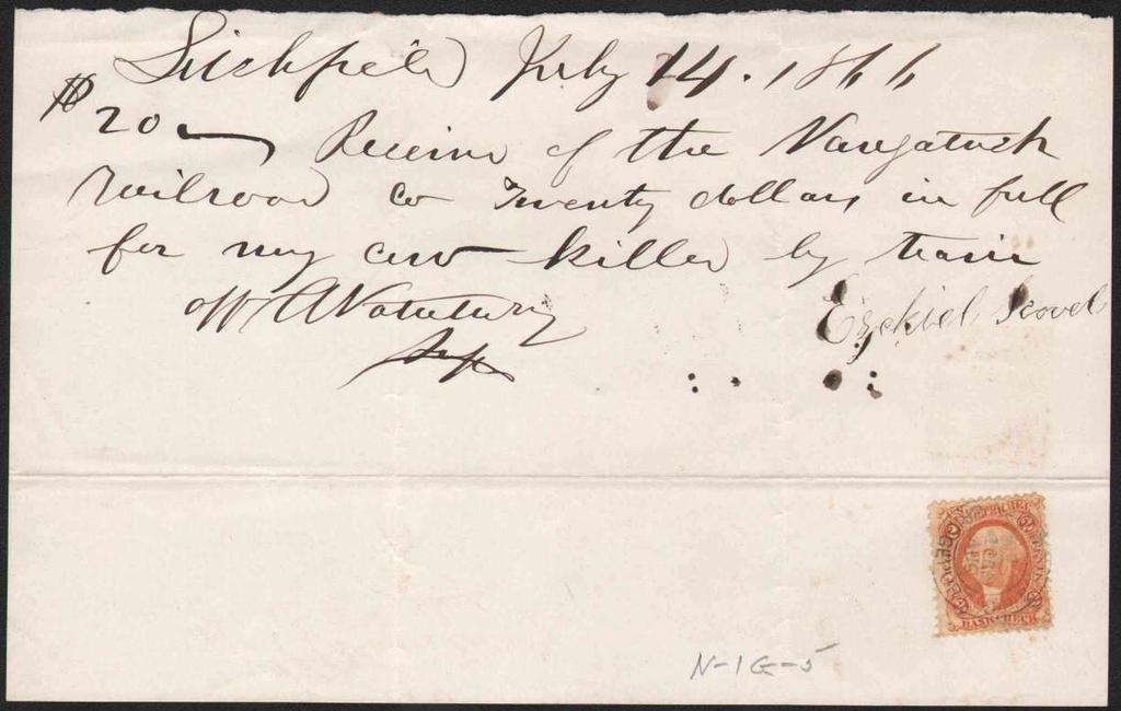 1866 ms. receipt of Naugatuck R.R. Co. for $20 for my cow killed by train (!
