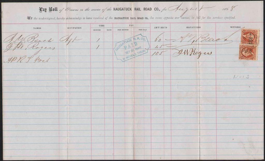 1868 large payroll receipt of Naugatuck R.R. Co. to A. Y. Beach as Agent (salary $60) and J. W.