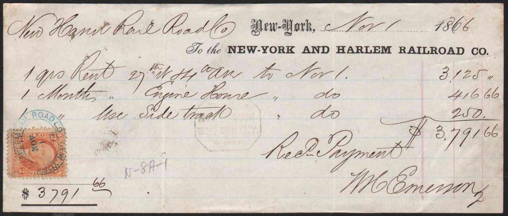 New York & Harlem 1866 receipt, New-York and Harlem R.R. Co. to New Haven R.R. Co., for Rent 27th St.
