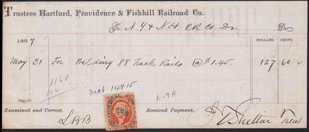 1867 receipt of Hartford, Providence and Fishkill R.R. Co. to New York and New Haven Rail Road Co.