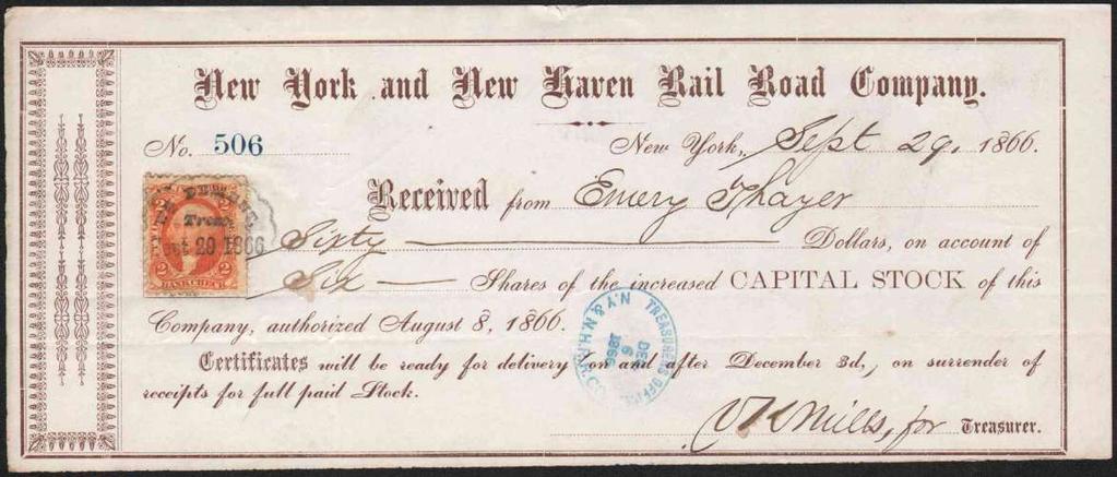 1866 matched pair of large check-sized receipts for payments for stock, New York & New Haven R. R. Co., stamped with 2 Bank Check orange tied by WM.