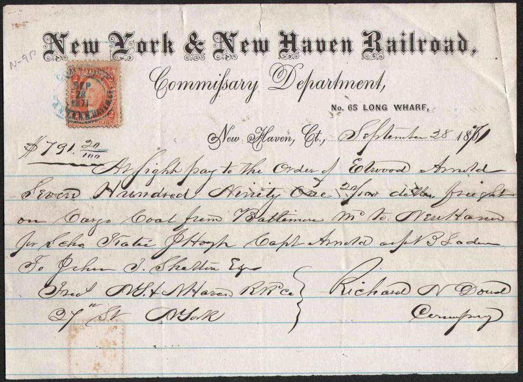 1871 ms. order to pay on form of New York and New Haven Rail Road Co.