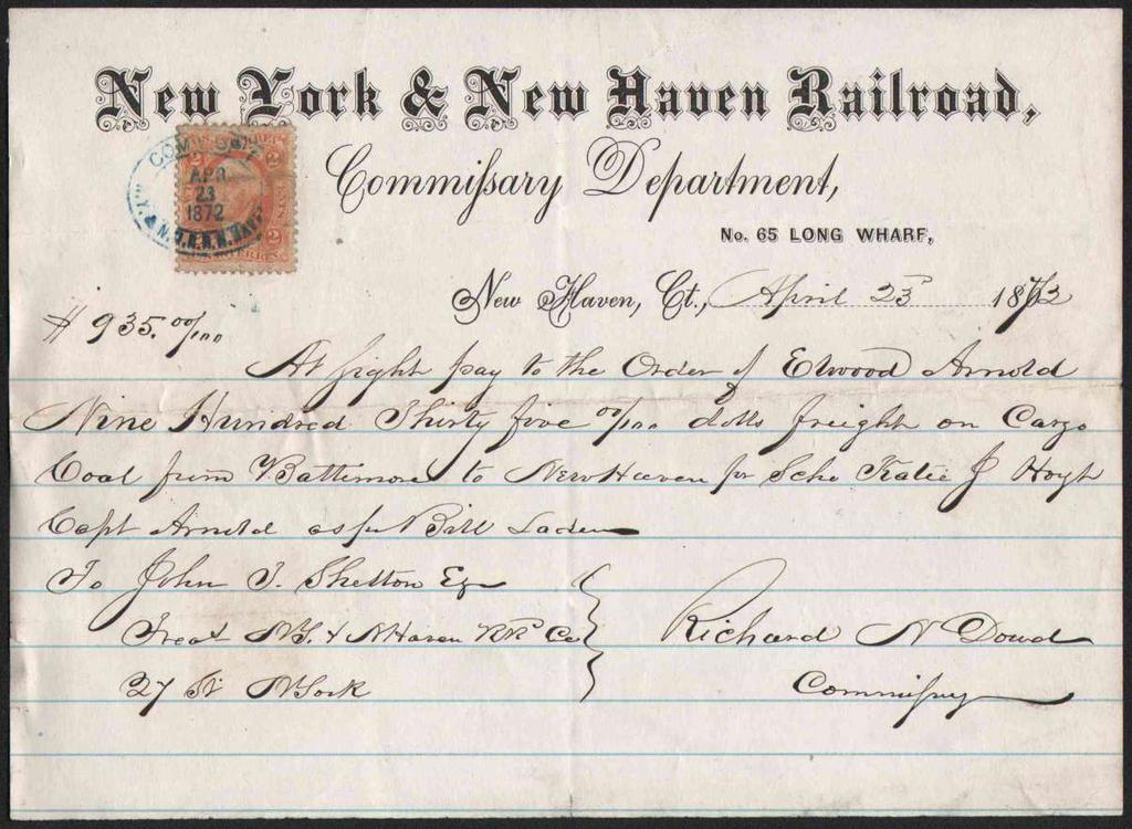 1872 ms. order to pay on form of New York and New Haven Rail Road Co.