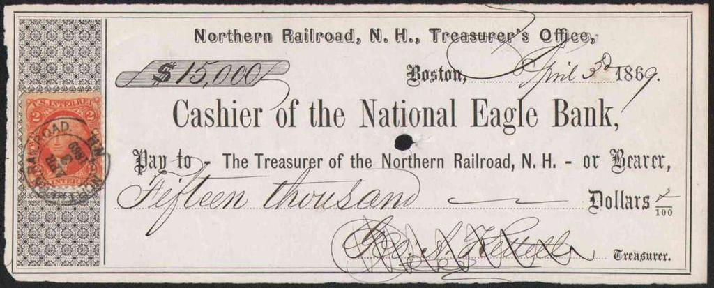 Northern (New Hampshire) 1869 check, Treasurer s Office, Northern Railroad, N.H., dateline Boston, stamped with 2 USIR tied by NORTHERN RAILROAD.