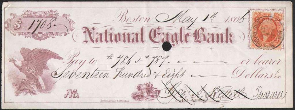 1866 check, National Eagle Bank, Boston, printed in purple with matching Eagle vignette,