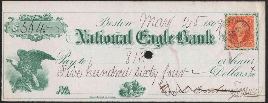 50 1869 check, National Eagle Bank, Boston, printed in green with matching Eagle vignette,