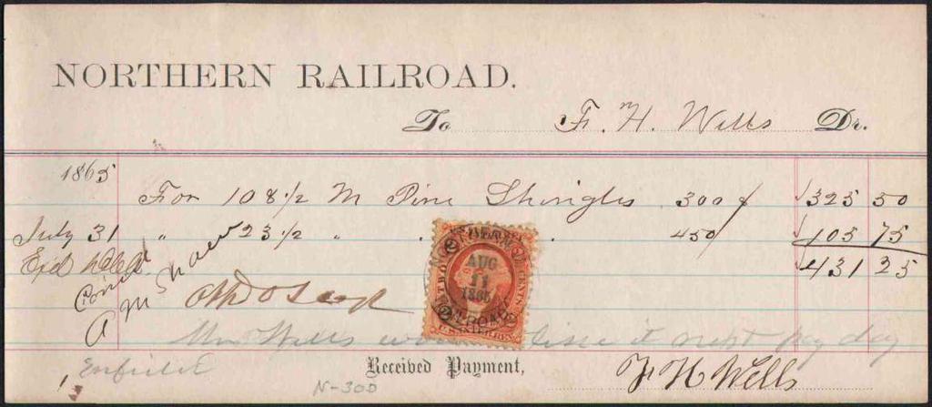 1865 receipt, Northern R.R. Co. stamped with 2 USIR tied by NORTHERN N.