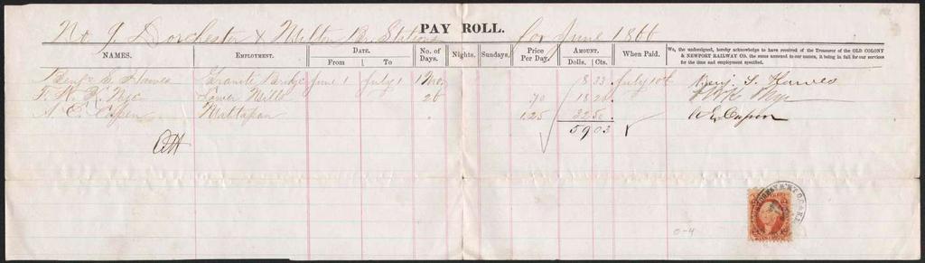 1866 large payroll receipt, Old Colony and Newport Railroad, stamped