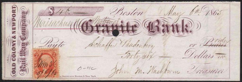 1865 check, Old Colony and Newport Railroad Co.