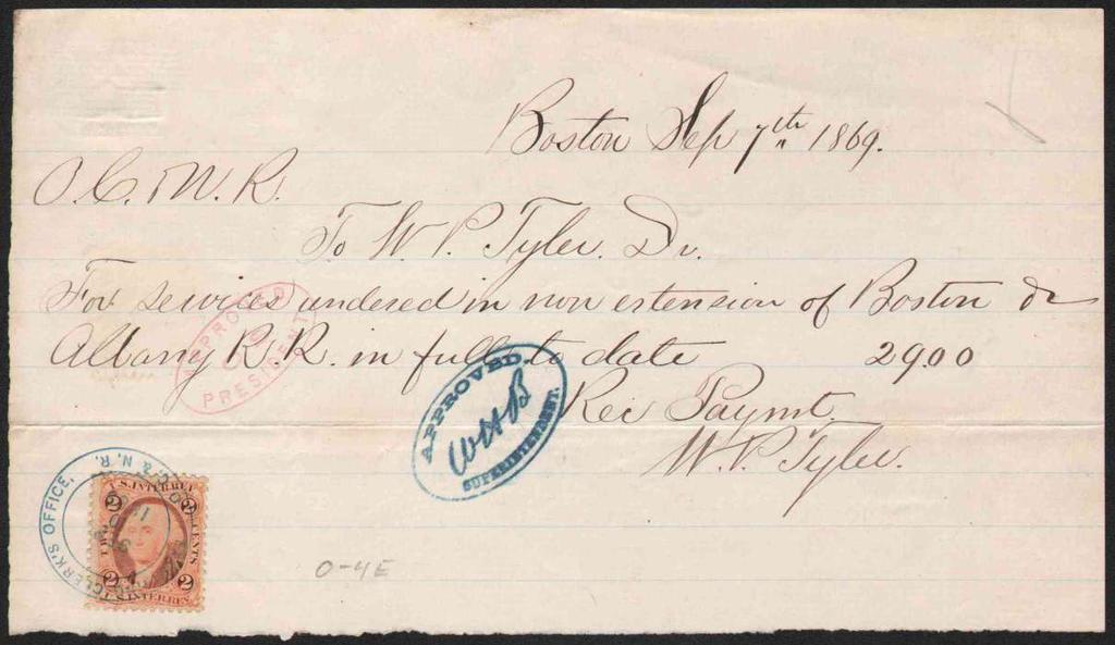 1869 ms. receipt, Boston, Old Colony and Newport Railroad, for services in non-extension of Boston & Albany R.R., stamped with 2 USIR tied by EXAMINING CLERK S OFFICE O.
