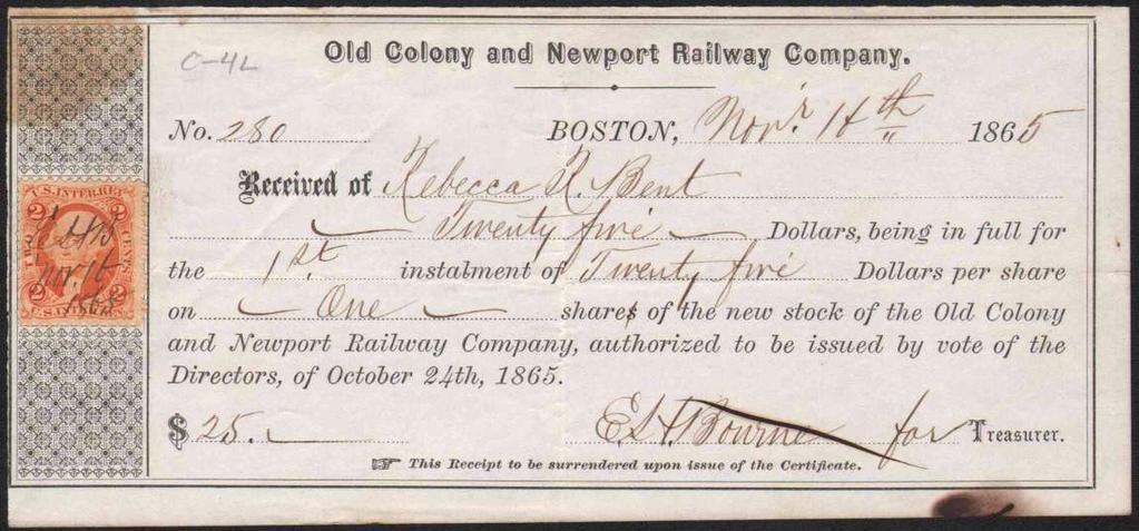 1865 receipt, Old Colony and Newport Railroad Co.