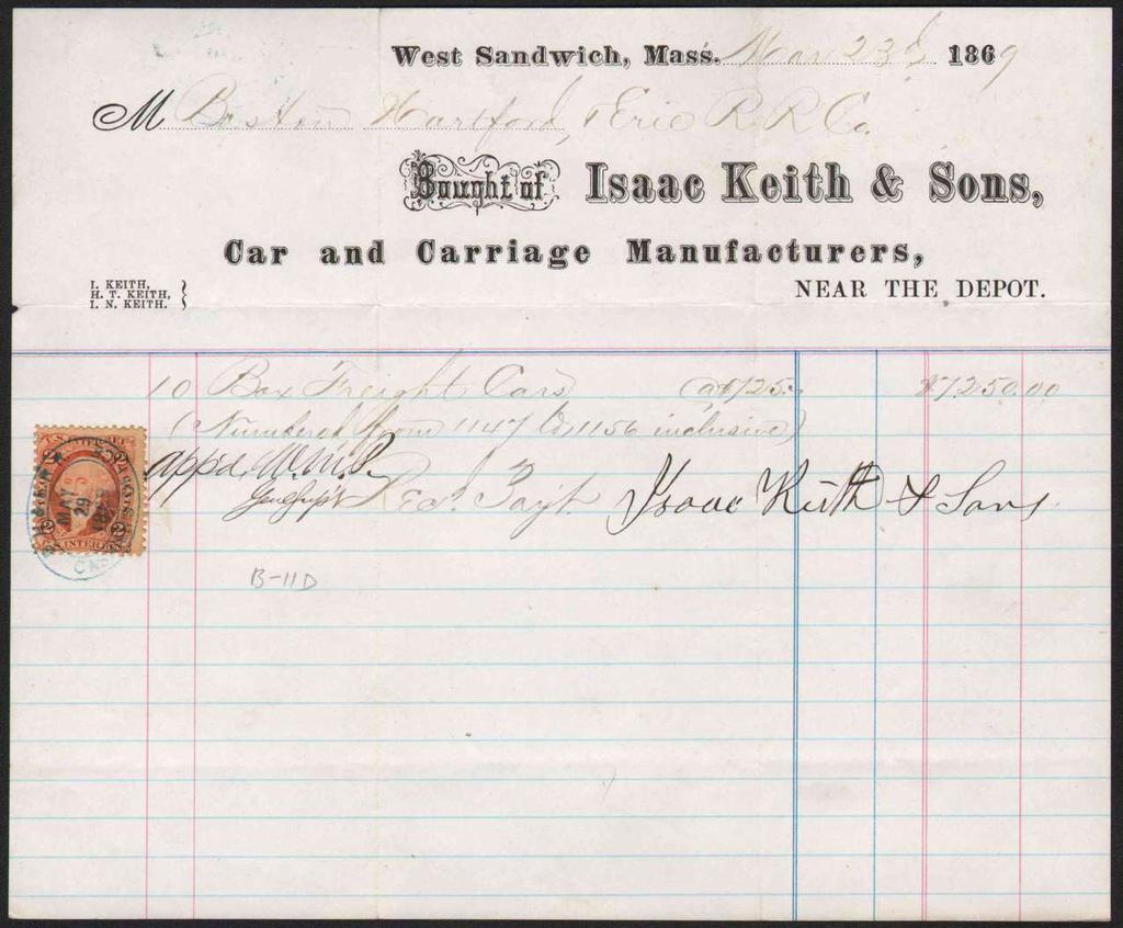 1869 billhead/receipt to Boston, Hartford and Erie R.R. Co.