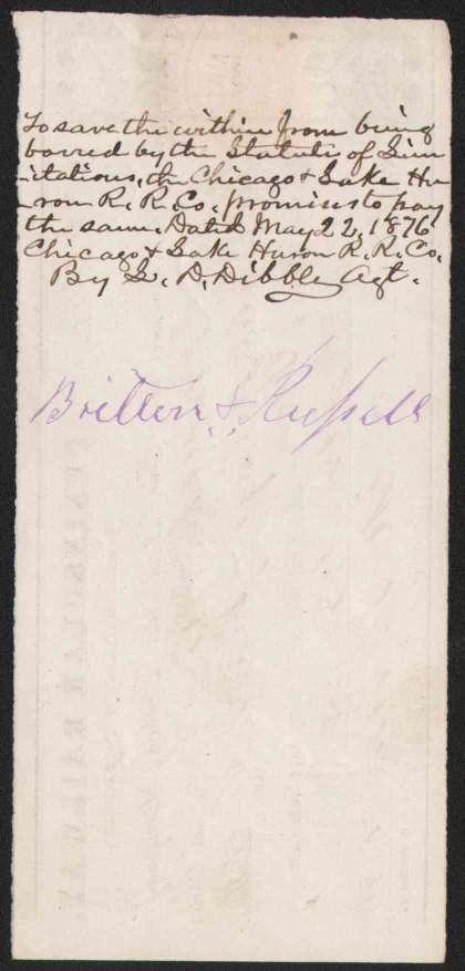 Peninsular (Michigan) 1870 check of Peninsular Railway stamped with 2 USIR tied by PENINSULAR RAILWAY COMPANY