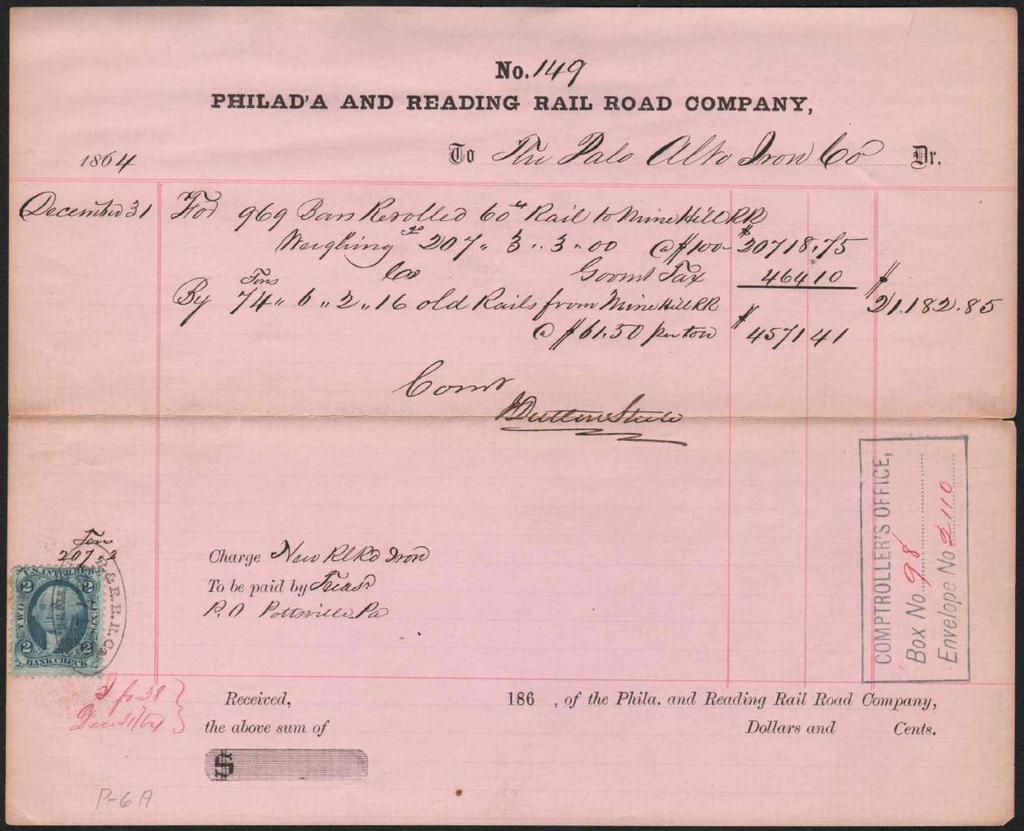 Philadelphia & Reading 1864 receipt, Philadelphia and Reading R.R. Co., to Palo Alto Iron Co.