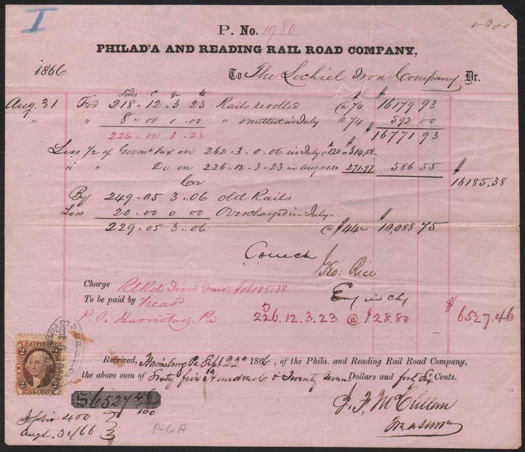 1866 receipt, Philadelphia and Reading R.R. Co., to Lochiel Iron Co.