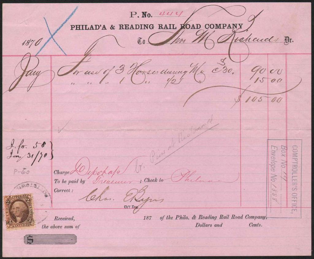 1870 receipt, Philadelphia and Reading R.R. Co., for use of horses, stamped with 2 USIR tied by ENGINEERS --- P. & R.
