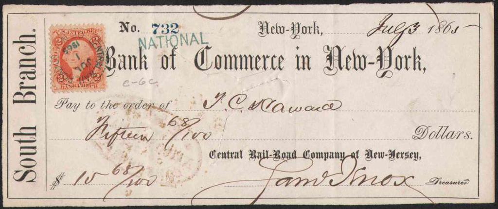 Central of New Jersey 1865 check, Central R.