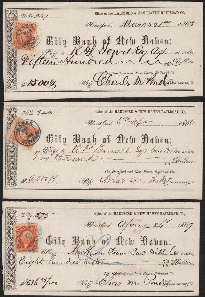 Hartford & New Haven 1865, 1866, 1867 trio of checks, Hartford & New Haven R.R. Co.