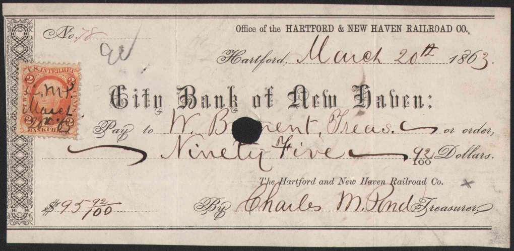 1863 (Mar) check, Hartford & New Haven R.R. Co.